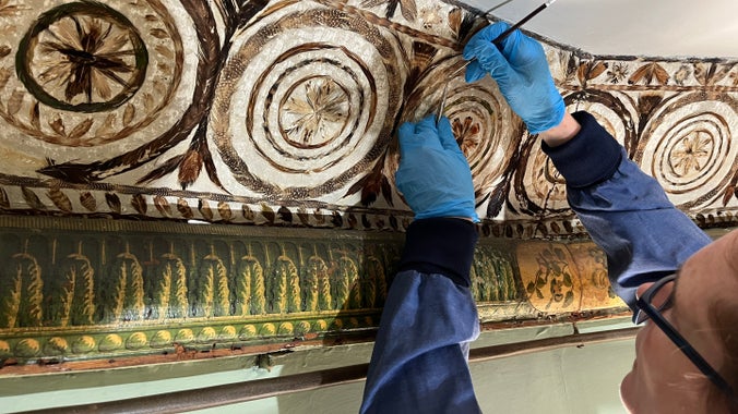 Conservation of the feather frieze in the Drawing Room of A la Ronde, Devon